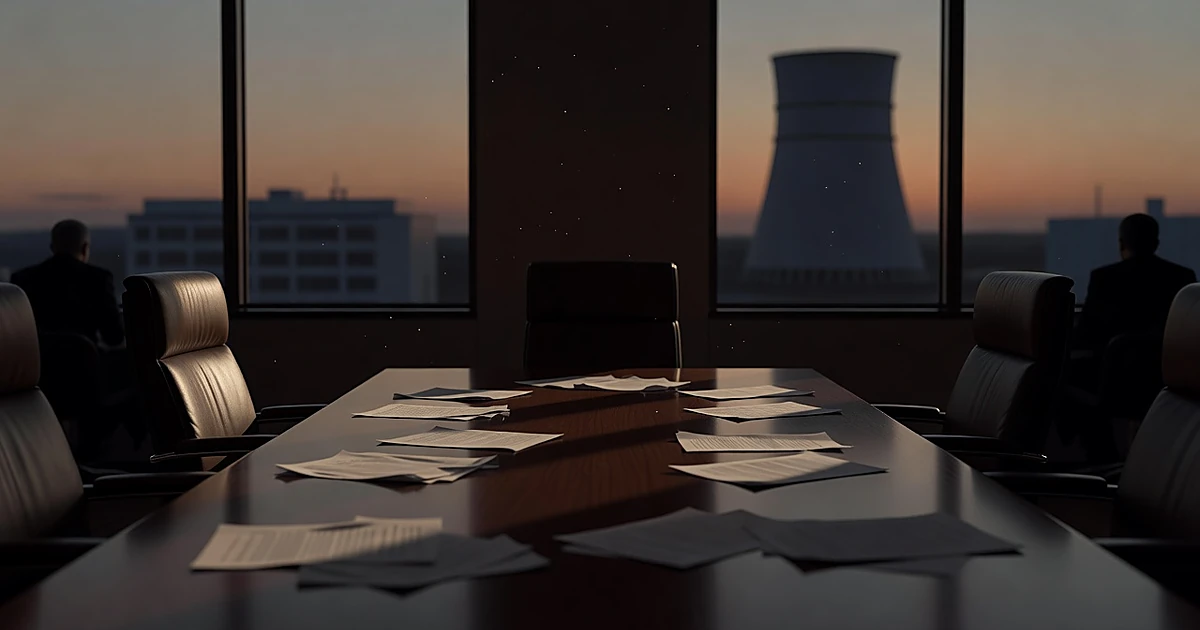 Empty negotiation table with vacant chairs and nuclear cooling tower silhouette visible through window at dusk