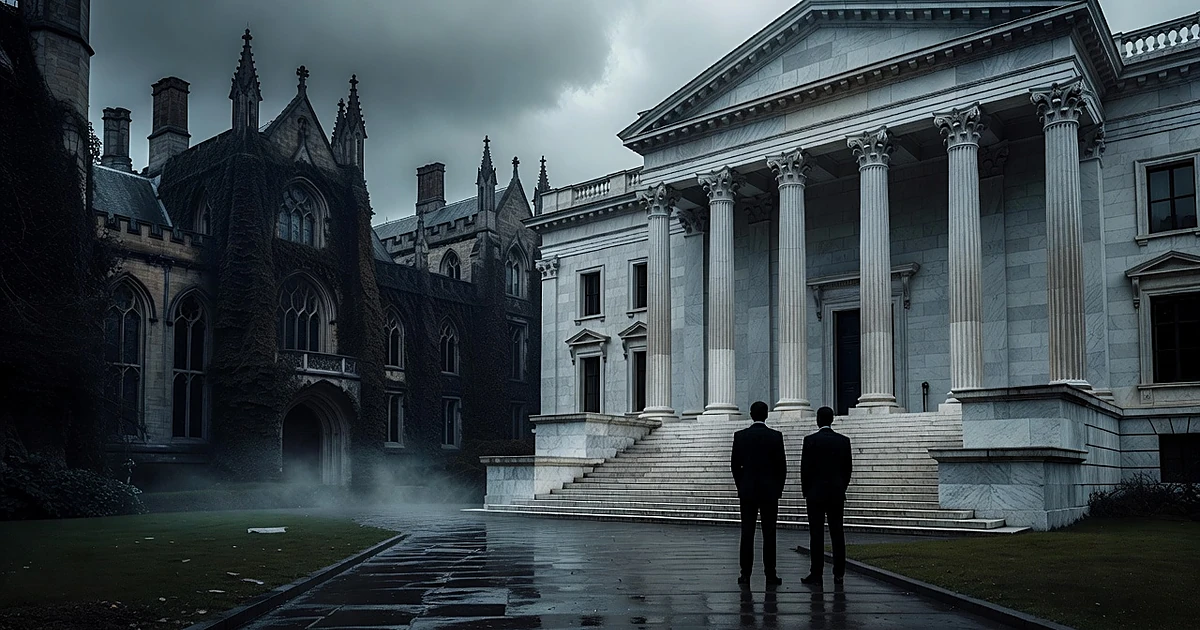 Silhouetted figures stand between a university building and a government building with classical columns