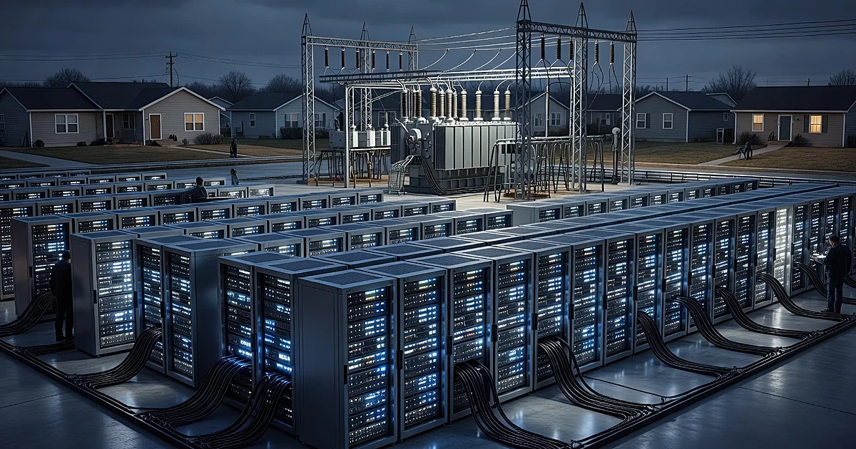 Data center with glowing servers connected by power lines to distant residential homes through electrical infrastructure