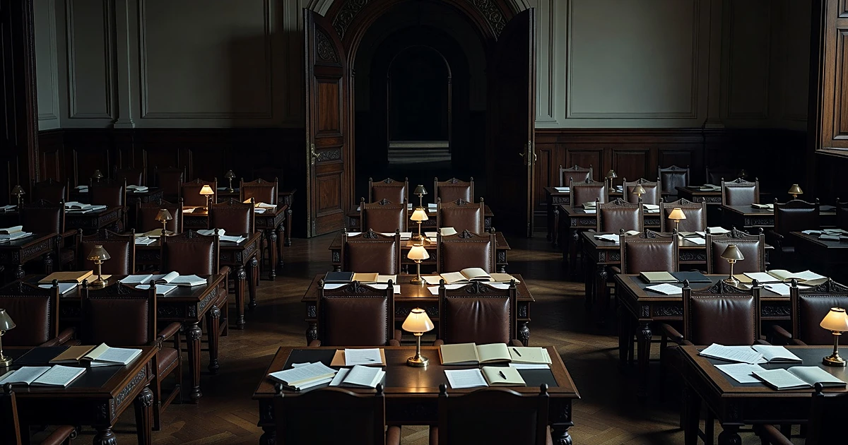 Empty legislative chamber with vacant desks and scattered papers in dim evening light showing sudden adjournment