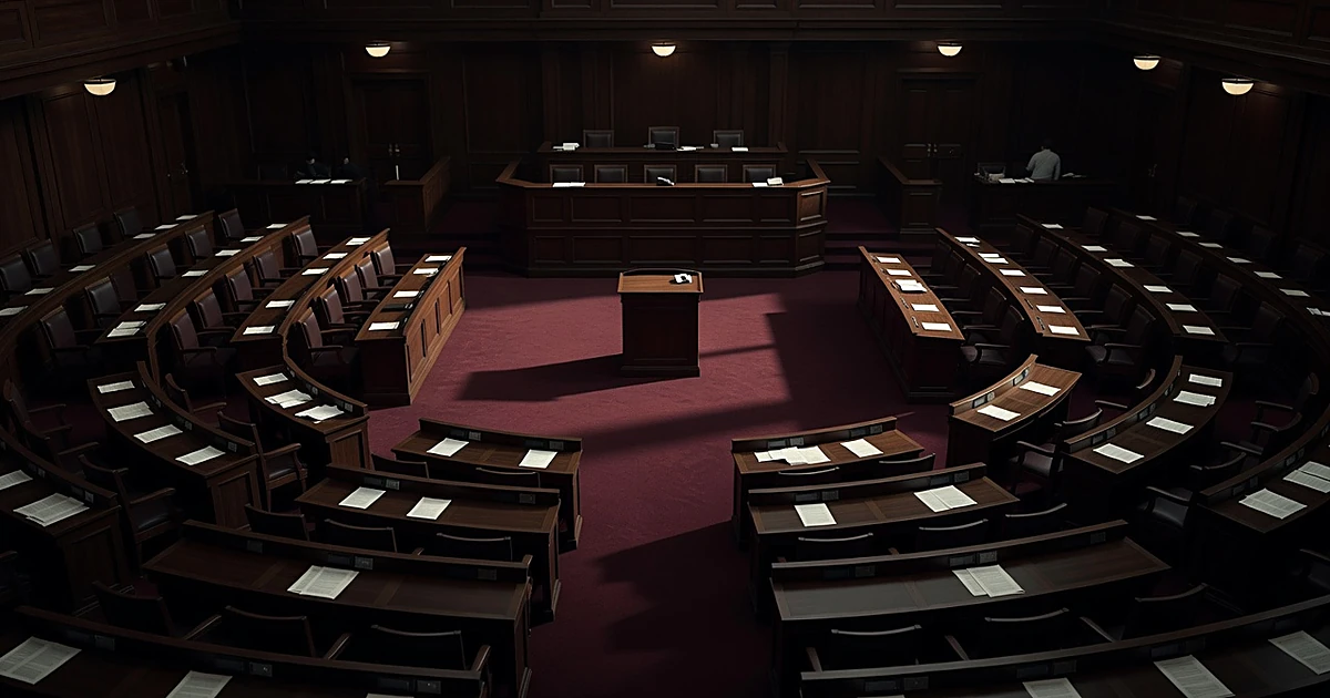 Empty legislative chamber with semicircular rows of desks and dramatic overhead lighting casting shadows