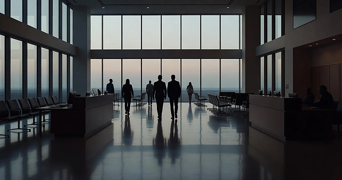 Empty office lobby with silhouetted figures leaving and vacant desks suggesting reduced employment activity
