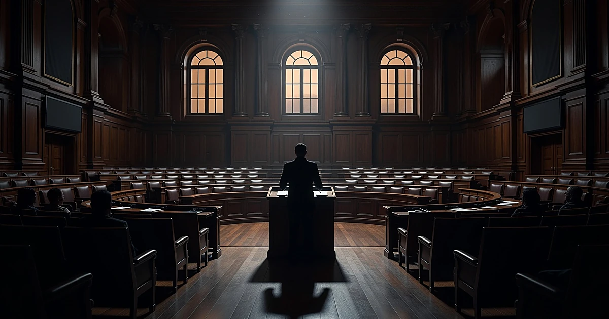 Silhouetted figure at podium in legislative chamber with empty seats and dramatic lighting