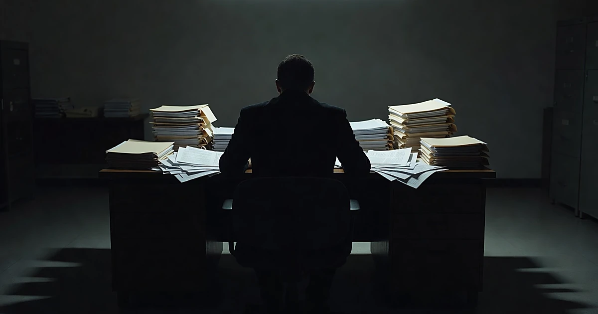 Silhouetted figure at desk surrounded by scattered documents and folders in dimly lit office setting