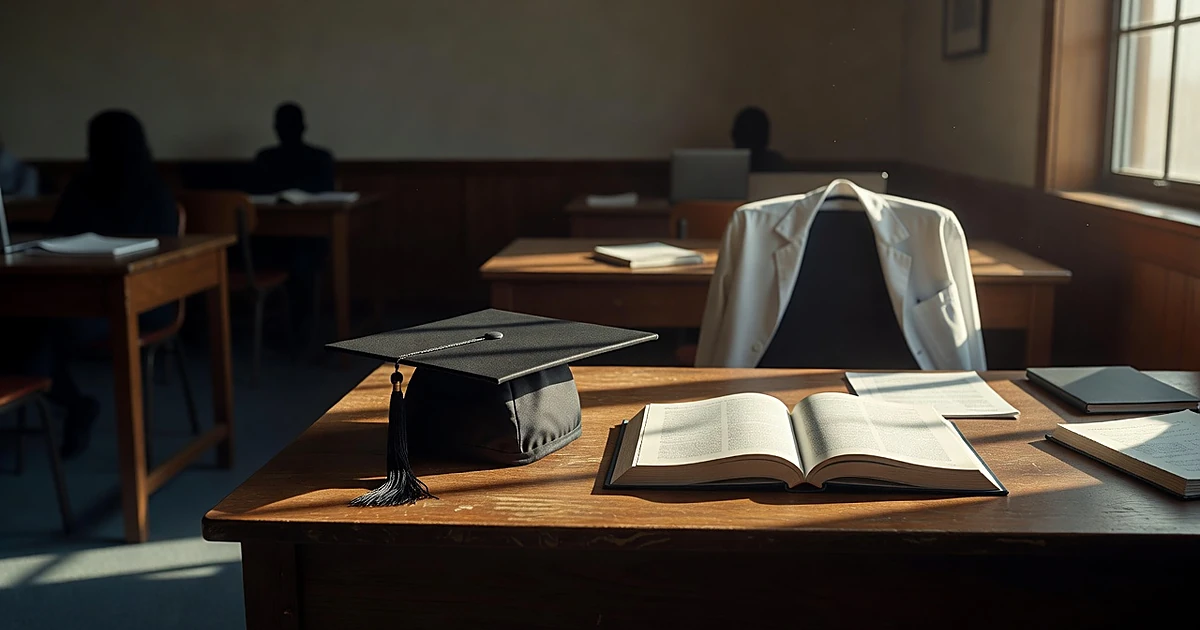 Empty desk with graduation cap, textbook, and medical coat silhouetted in sunlit room