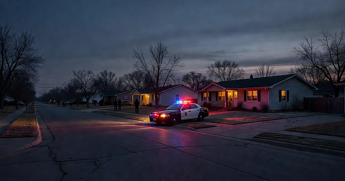Patrol vehicle with emergency lights outside a home at dusk in a quiet residential neighborhood