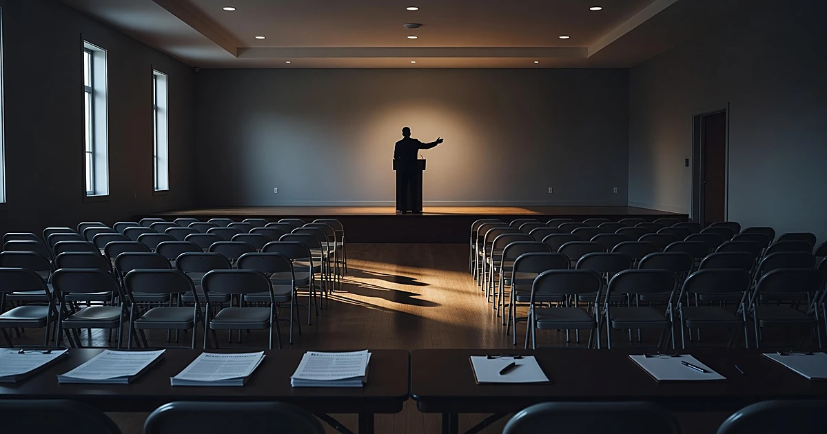 Silhouetted speaker at podium in empty community hall with rows of chairs and dramatic lighting