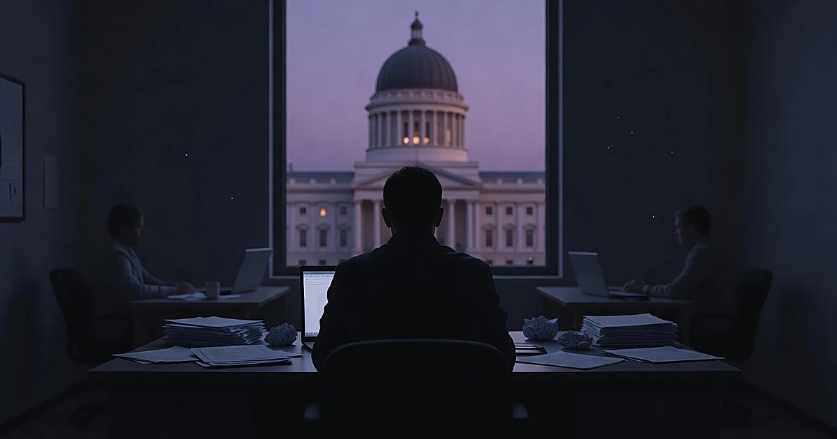 Silhouette of journalist at desk with government building visible through window in background