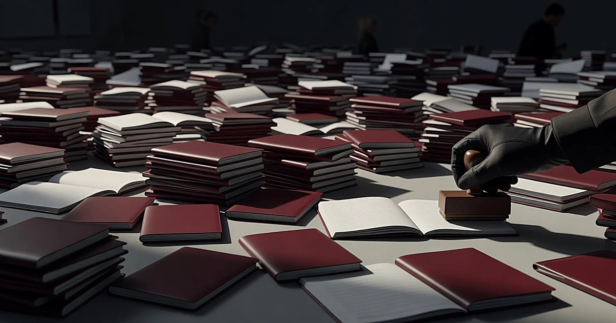 Hundreds of passports scattered across a desk with a gloved hand stamping documents under dramatic lighting