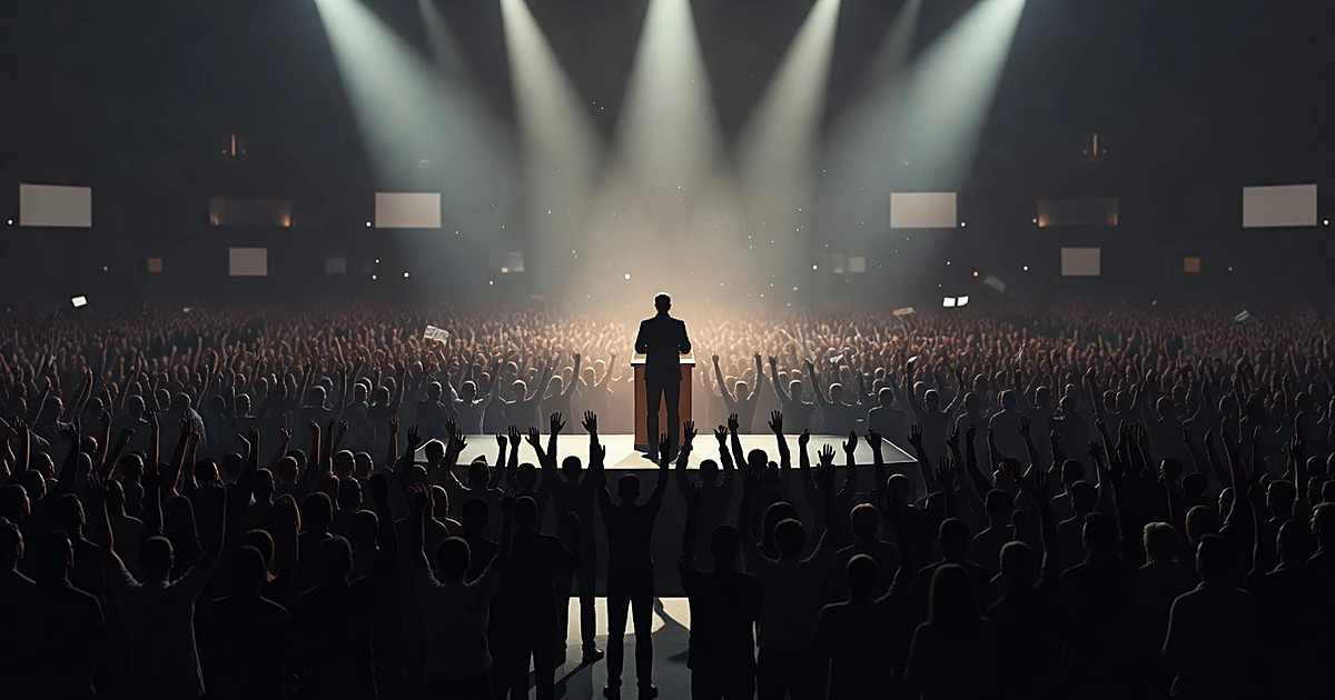 Silhouetted speaker at podium before large crowd of silhouettes with raised arms under dramatic stage lighting