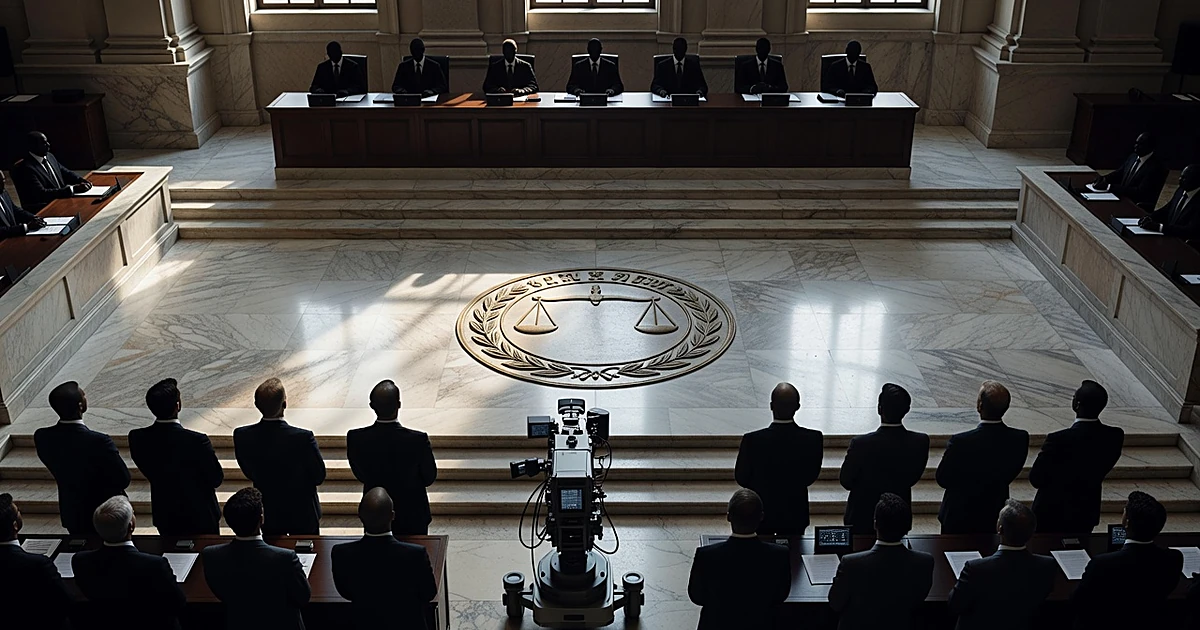 Overhead view of courthouse interior with judicial bench, television camera, and silhouetted figures in tiered layout