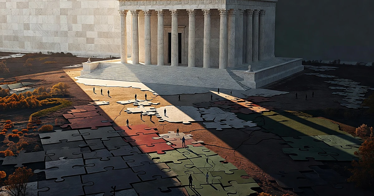 Classical courthouse casting shadow over geometric divided landscape with small silhouetted figures on puzzle-shaped terrain
