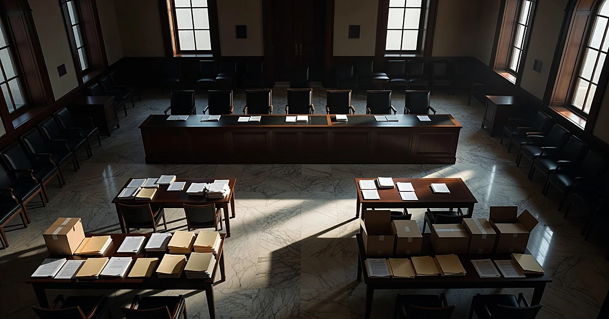 Empty Supreme Court chamber with document boxes and folders on tables, light streaming through windows