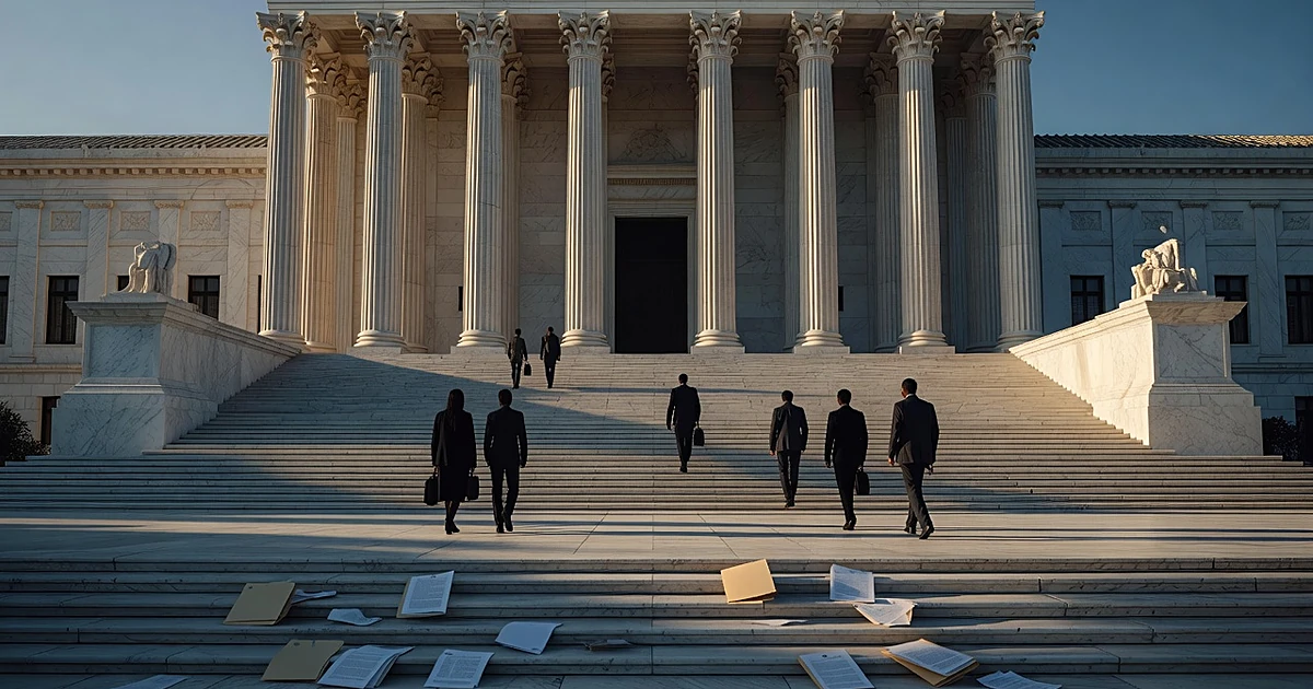 Silhouetted figures ascending courthouse steps at dawn with scattered legal documents in foreground