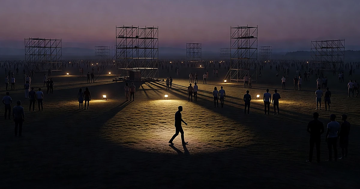 Silhouetted figure in spotlight at outdoor festival with crowd silhouettes and stage structures in background