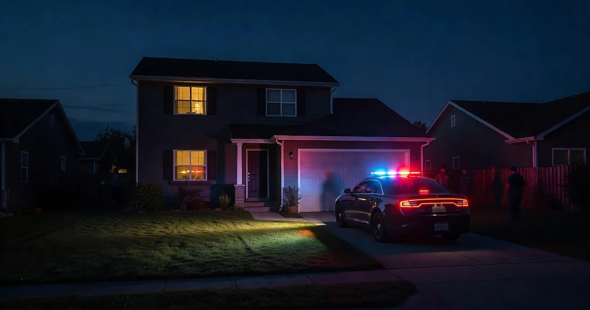 Dark suburban house with lit window and police vehicle with emergency lights in driveway before dawn