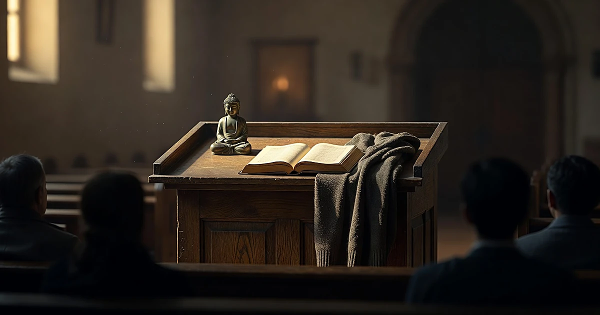 Church pulpit with Buddha statue, cardigan sweater, and open book, with congregation silhouettes in foreground