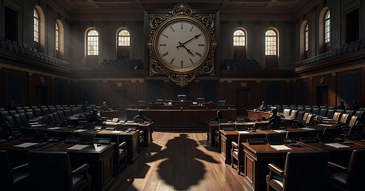 Clock casting shadows in empty Senate chamber with sunlight streaming through windows