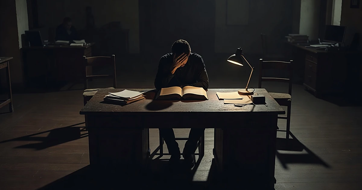 Silhouetted person at desk with head in hand, writing in blank book, with two empty chairs casting shadows behind