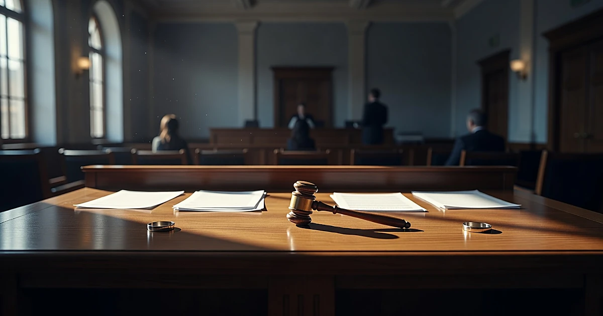 Two wedding rings separated on a courtroom bench with a gavel between them, symbolizing completed divorce proceedings