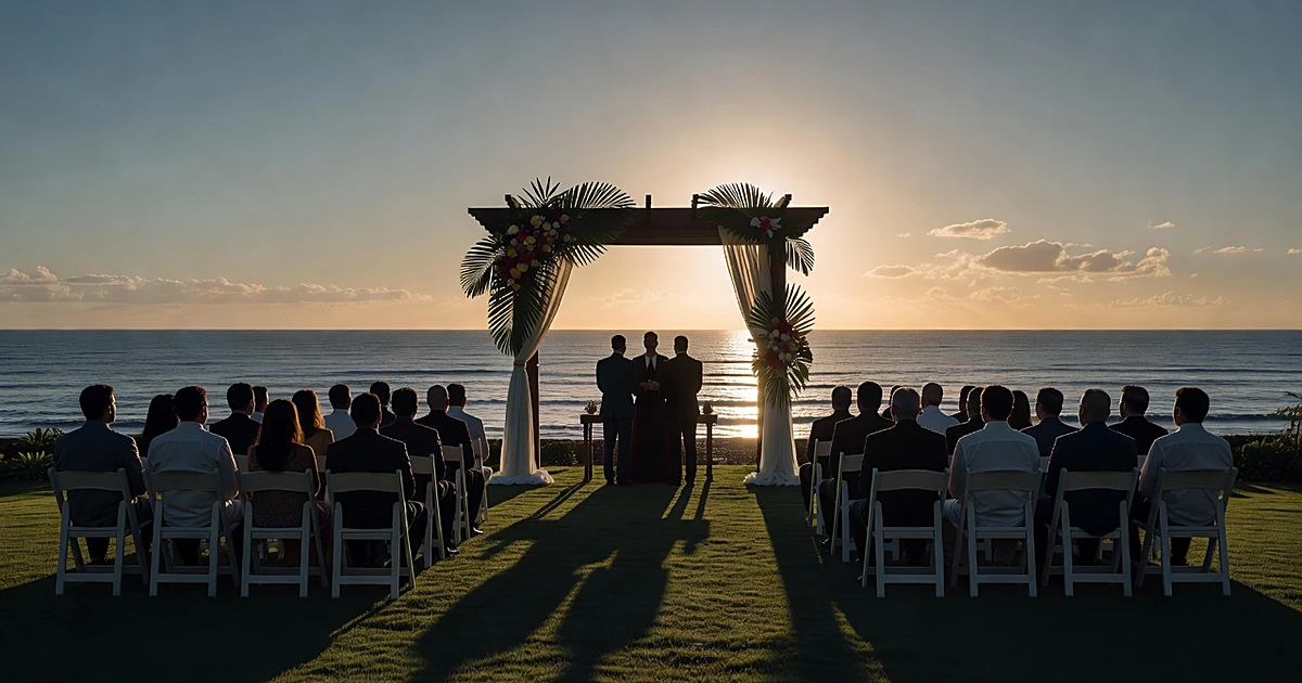 Silhouettes of three people at Hawaiian beach wedding altar at sunset with ocean view and tropical flowers
