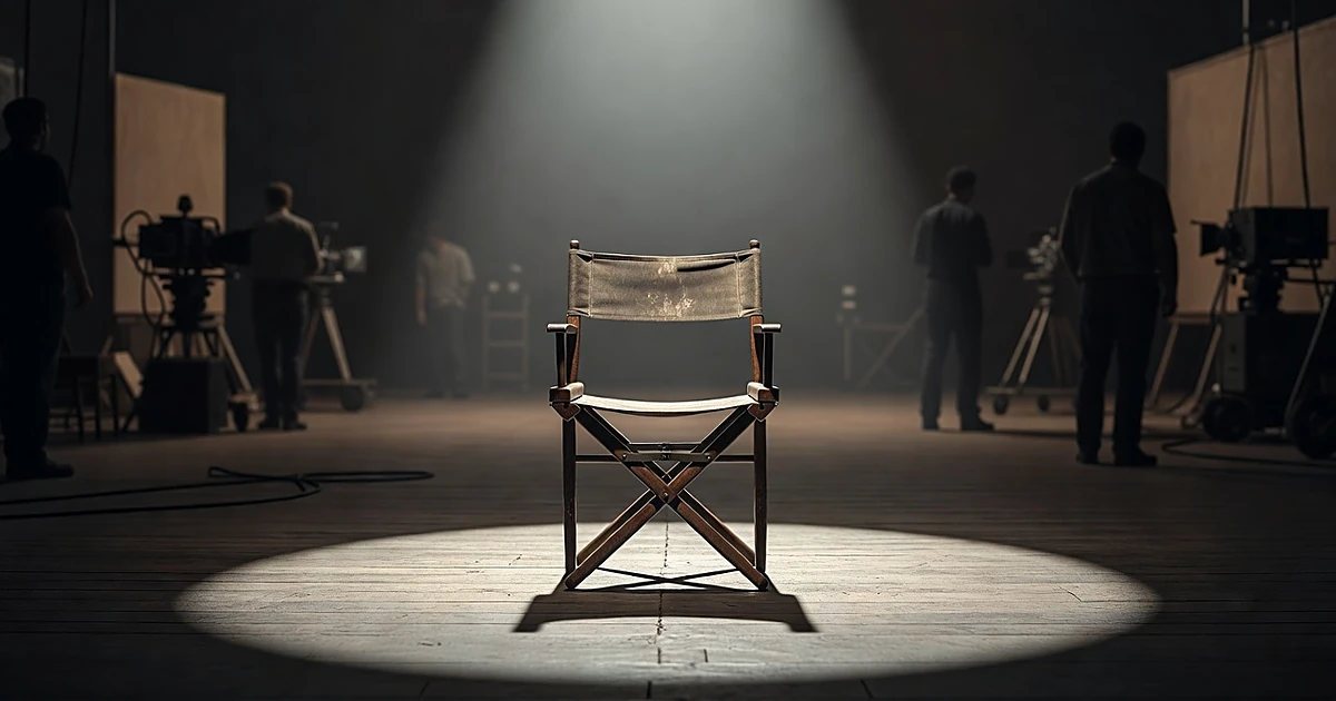 Empty director's chair on dimly lit soundstage with crew silhouettes in background