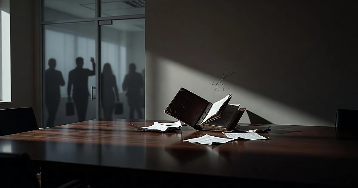 Binder thrown against wall in empty government office with scattered papers and silhouettes departing through doorway