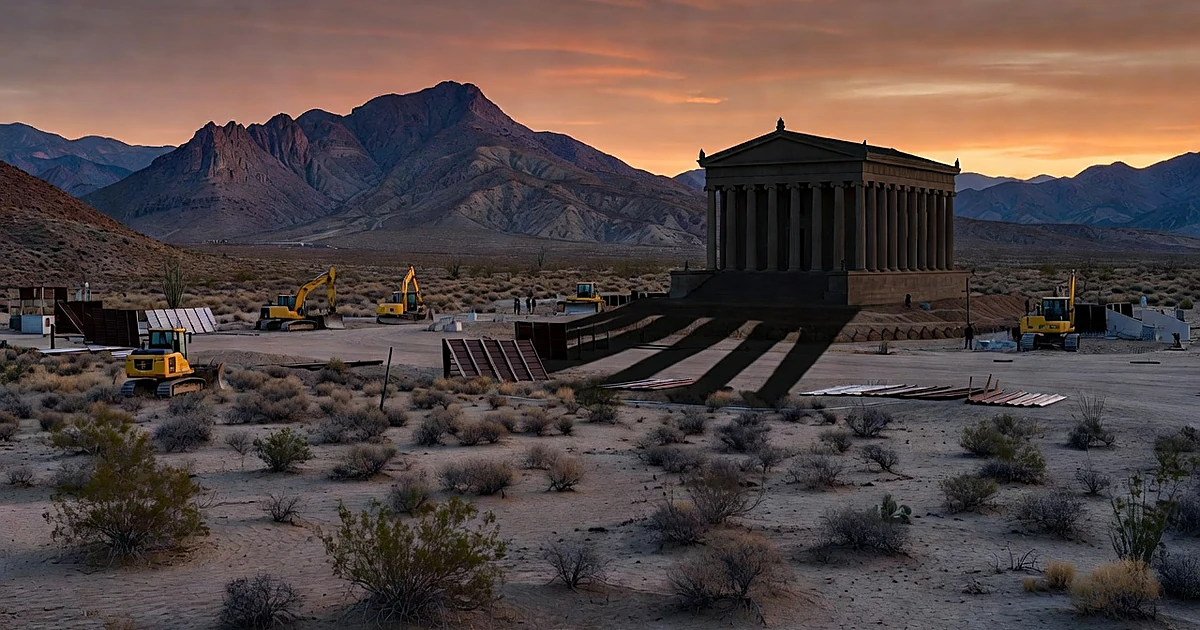 Desert landscape with border barrier construction equipment and courthouse columns silhouetted against sunset sky