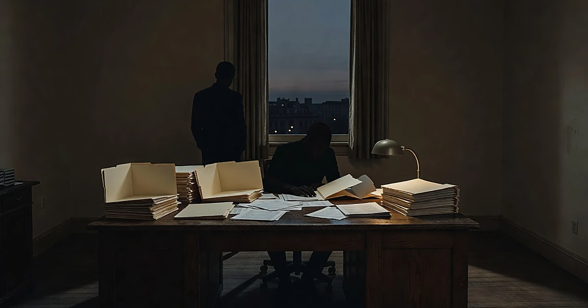 Silhouetted figures in office examining documents on desk with city view through window
