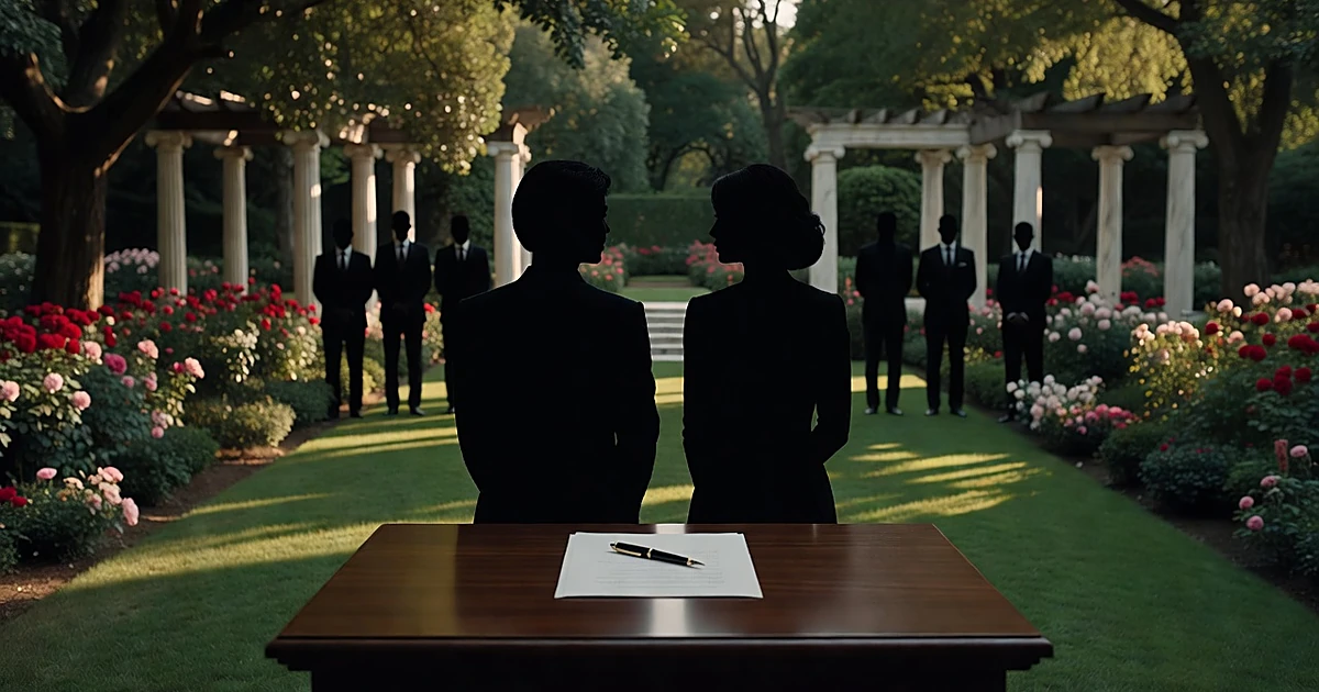 Silhouetted figures at podium in rose garden with pen on blank document during formal signing ceremony