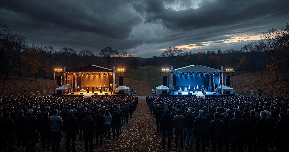 Two rally stages with silhouetted crowds facing opposite directions under contrasting amber and blue lighting