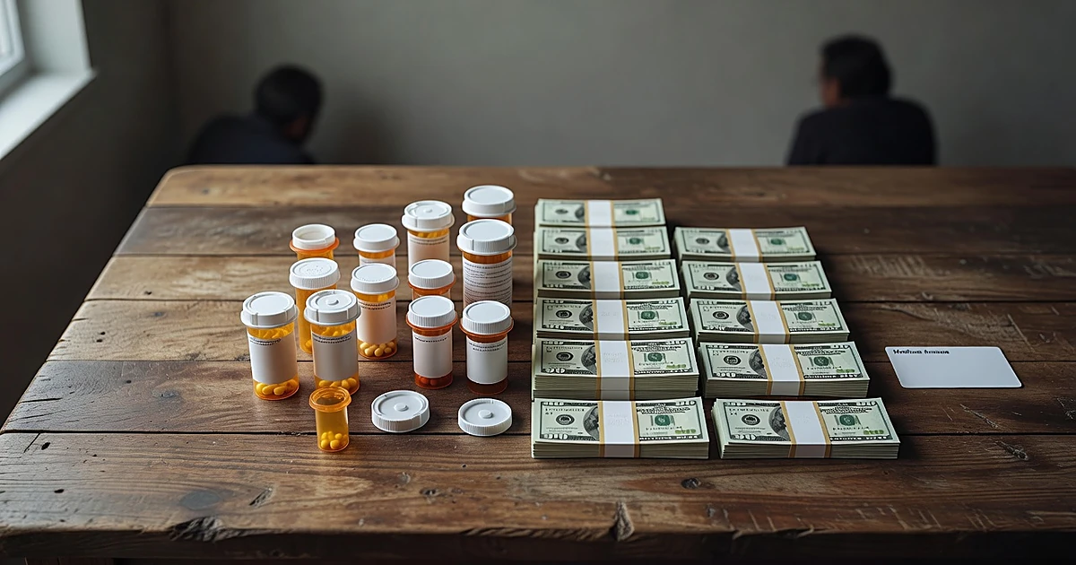 Overhead view of prescription bottles, cash, and a blank insurance card on a table representing Medicare payment assistance