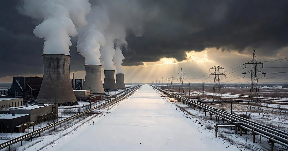 Split view of power plants and electrical infrastructure separated by empty ground under dramatic dawn sky