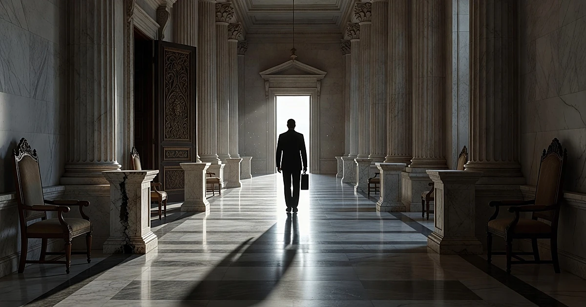 Silhouetted figure walking away down empty marble hallway carrying briefcase toward bright exit