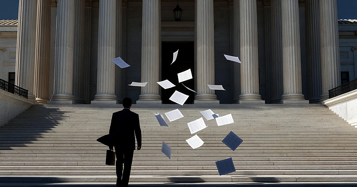 Silhouetted figure climbing Supreme Court steps with blank documents swirling in dramatic lighting
