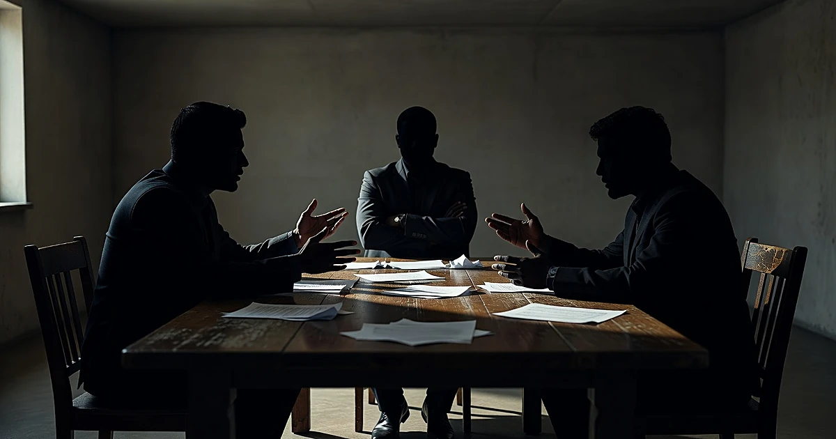 Three silhouetted figures sit at opposite ends of a table in tense disagreement, papers scattered between them