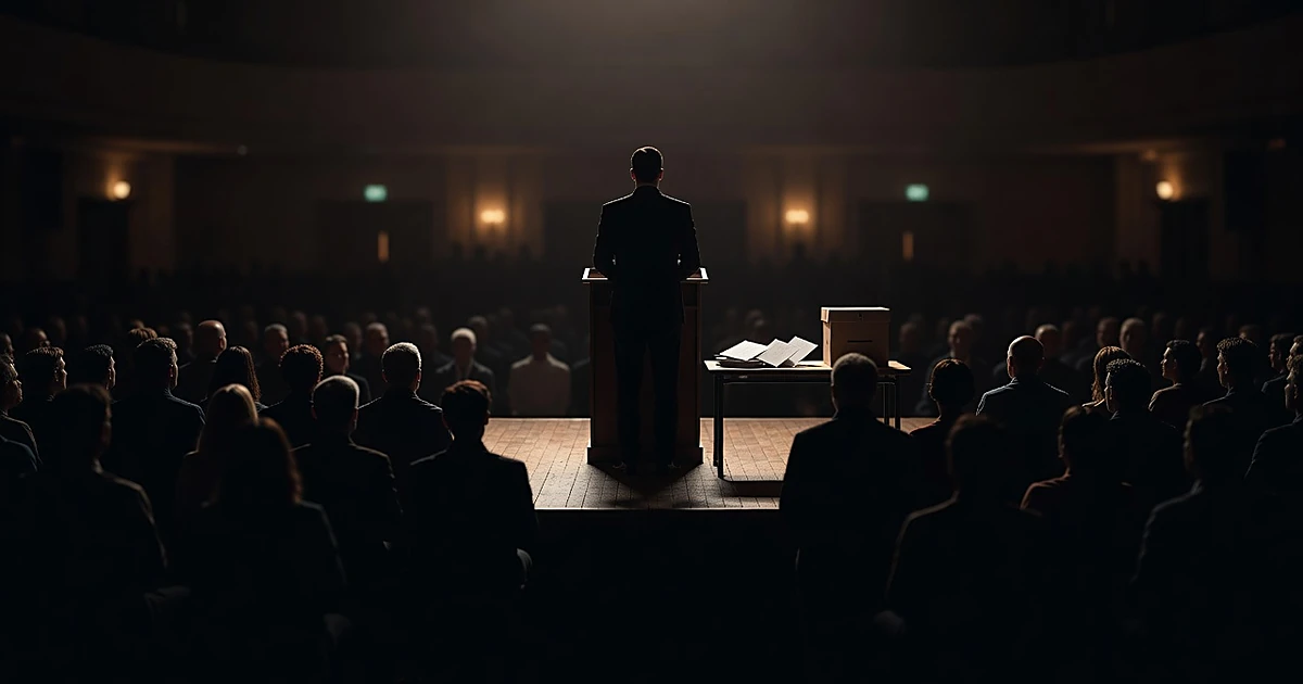 Silhouetted speaker at podium with blank ballots and ballot box, addressing crowd shown from behind