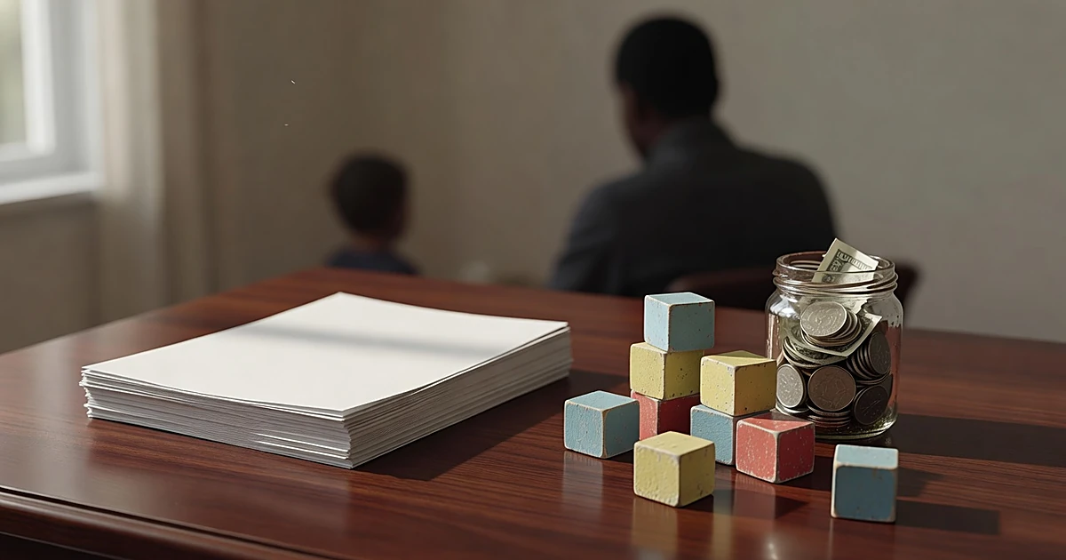 Investment documents, coin jar, and children's toy blocks arranged on wooden desk in natural window light