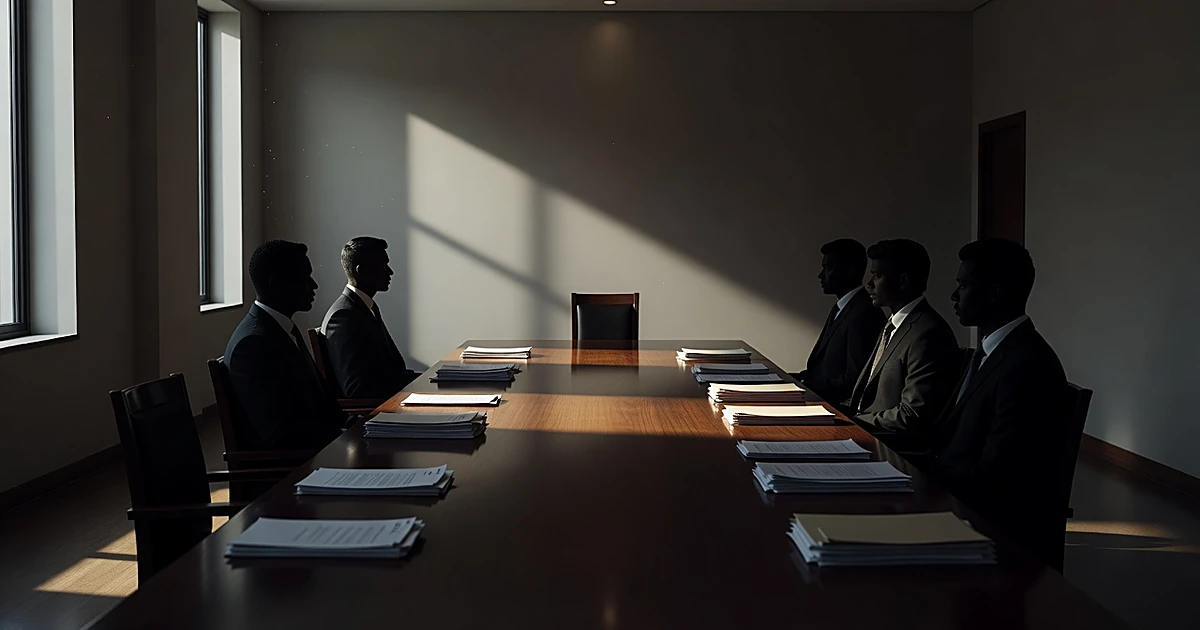 Silhouetted committee members seated at table facing empty chair under spotlight in formal hearing room
