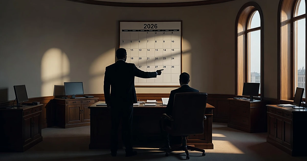 Silhouettes in oval office with calendar showing 2026, one figure gesturing while another sits nearby