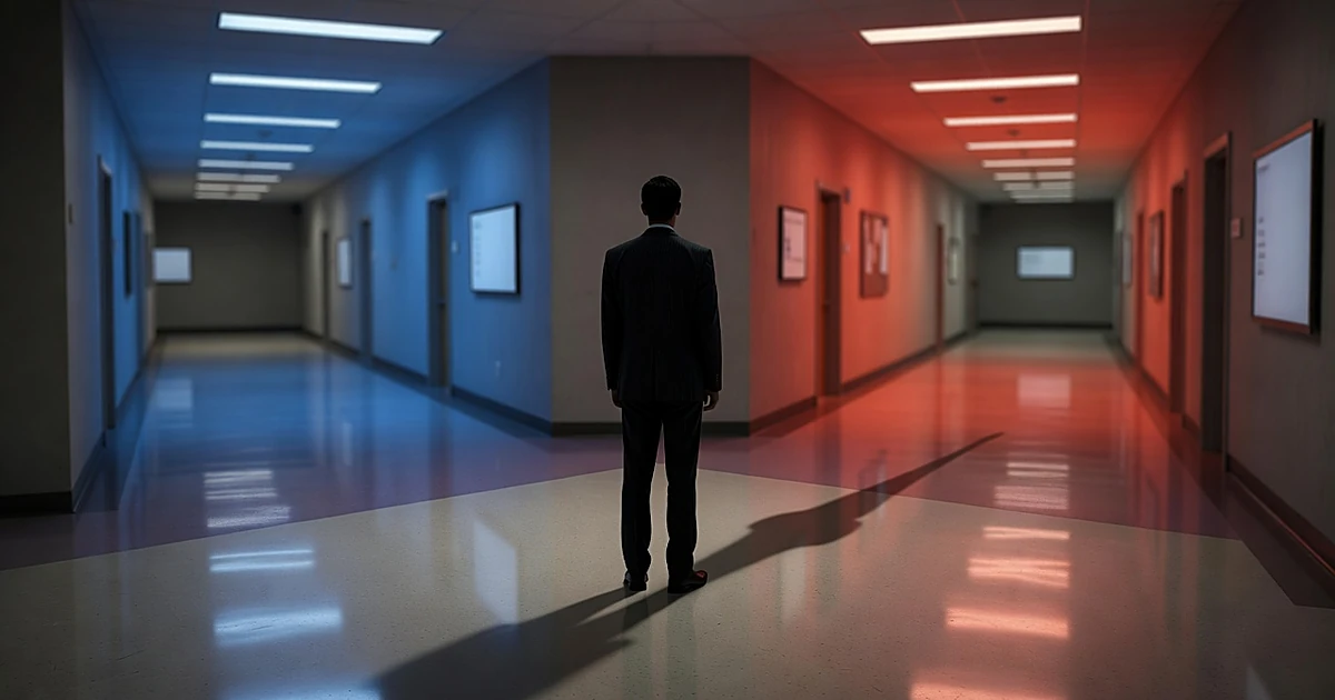 Silhouetted figure at crossroads between blue-lit and red-lit hallways in government building