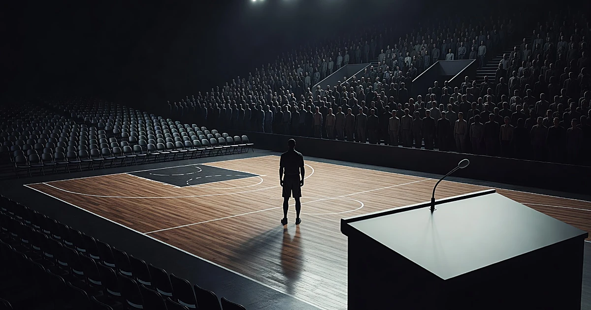 Silhouetted basketball player on court between empty seats and crowded stands with podium nearby