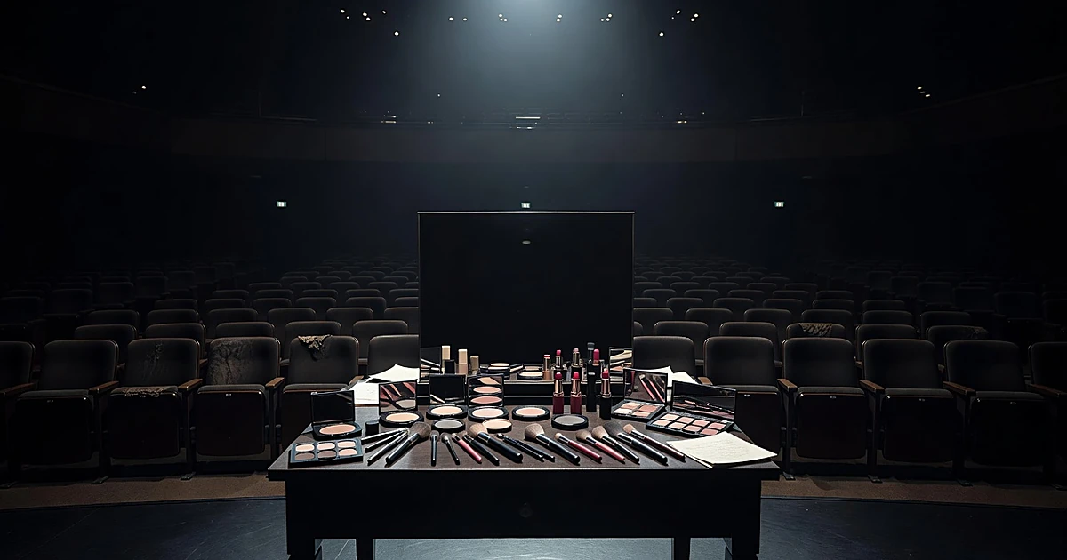 Illuminated makeup vanity with cosmetics on stage in empty auditorium with silhouetted chairs