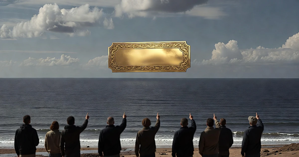 Silhouetted crowd viewing a large blank golden plaque hovering above ocean waters under dramatic sky