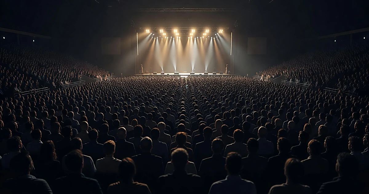 Silhouetted crowd facing an illuminated stage inside a large arena during a political rally event