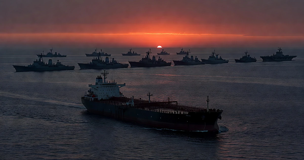 Naval warships form a blockade line at sea preventing an oil tanker from passing at sunset