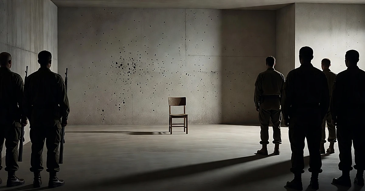 Military execution chamber with wooden chair against concrete wall, silhouetted uniformed figures holding rifles