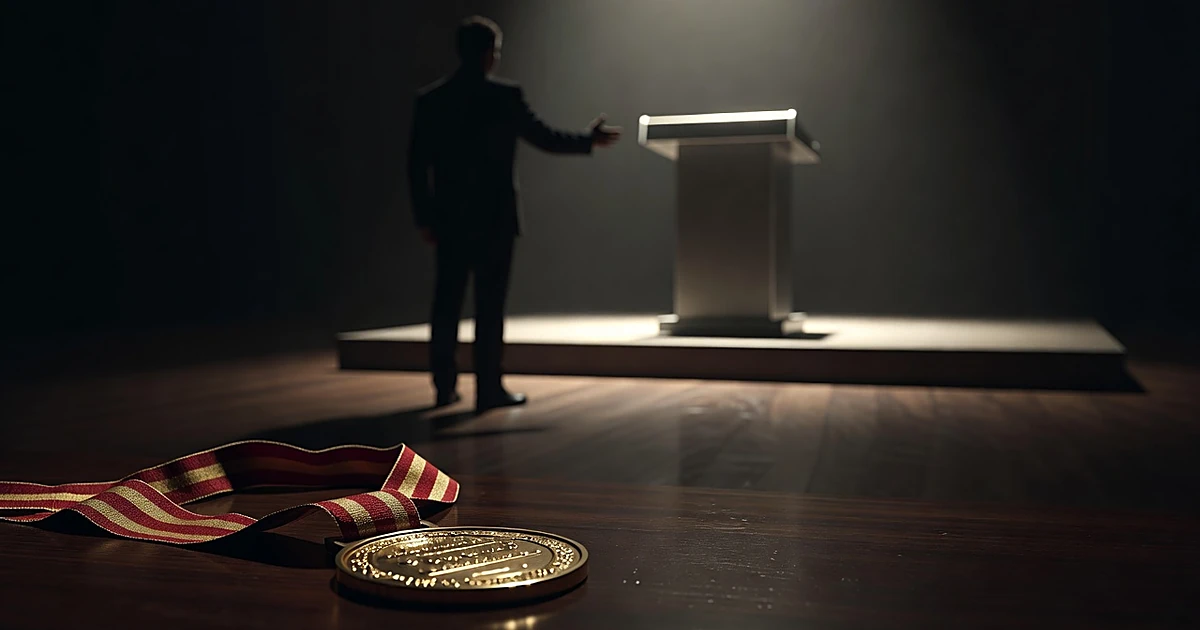 Gold medal lying abandoned in shadow while silhouetted figure gestures toward empty spotlight-lit podium