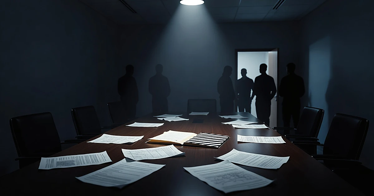 Classified documents on table in darkened room with silhouetted figures in background