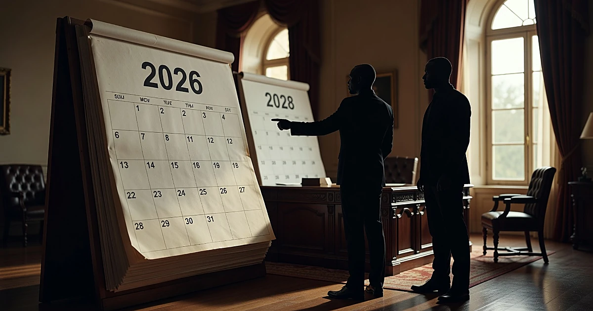 Silhouetted figures in office with desk calendar showing 2026 prominently and 2028 in background